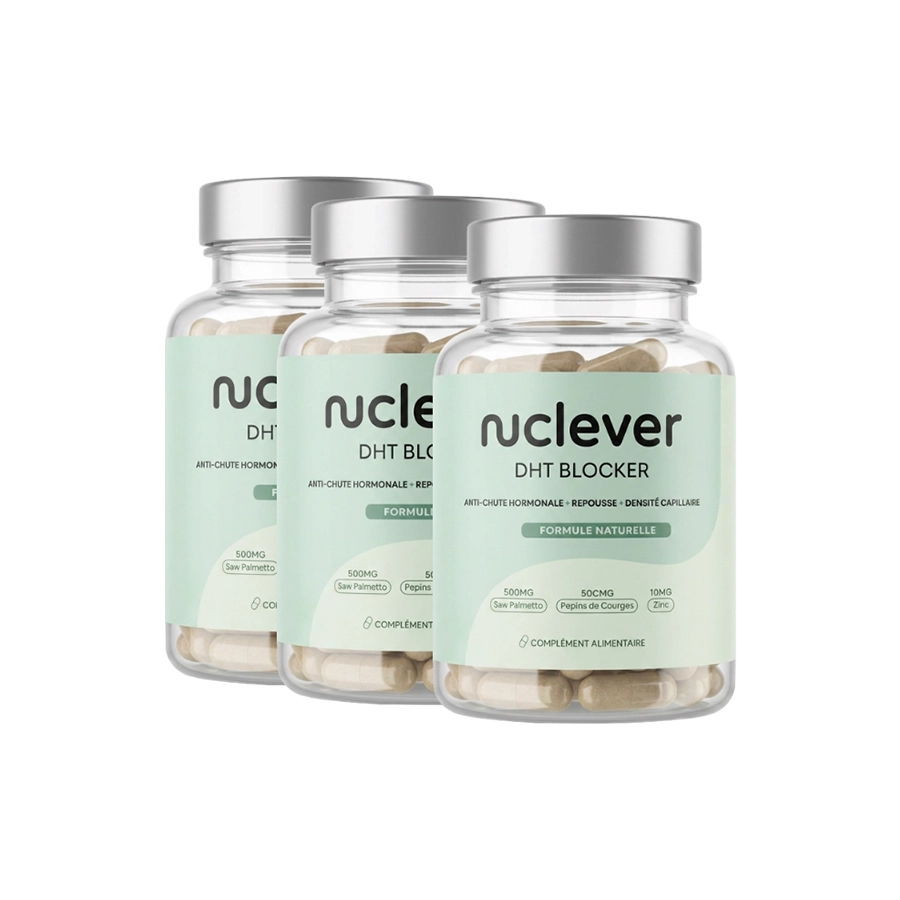 Three bottles of Nuciever DHT Blocker capsules are shown against a plain white background.