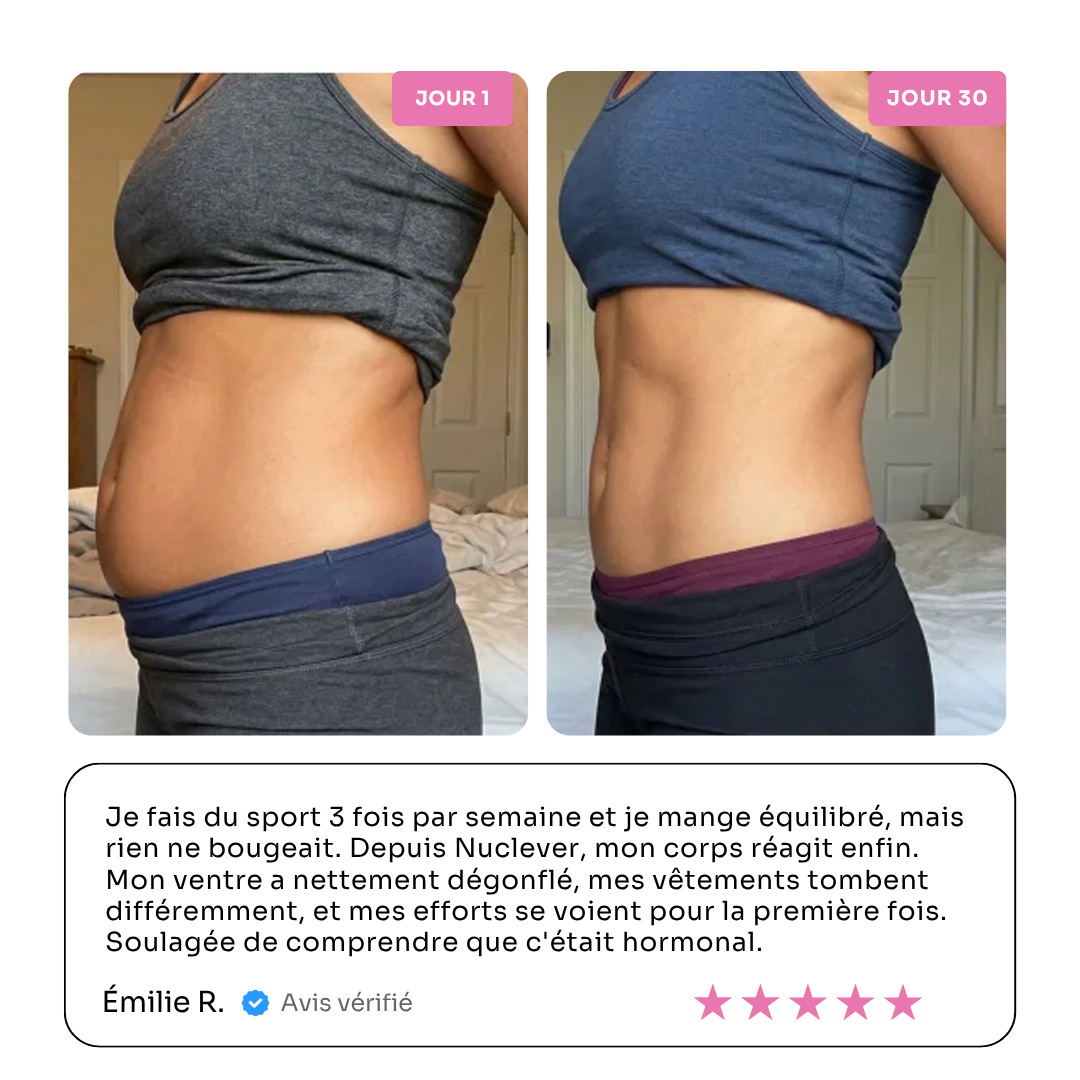 Vorher-Nachher-Fotos des Bauchbereichs einer Frau, beschriftet mit „Tag 1“ und „Tag 30“, die einen flacheren Bauch zeigen.