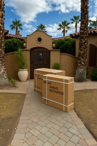 Two large cardboard boxes on a paved walkway in front of a house with palm trees.