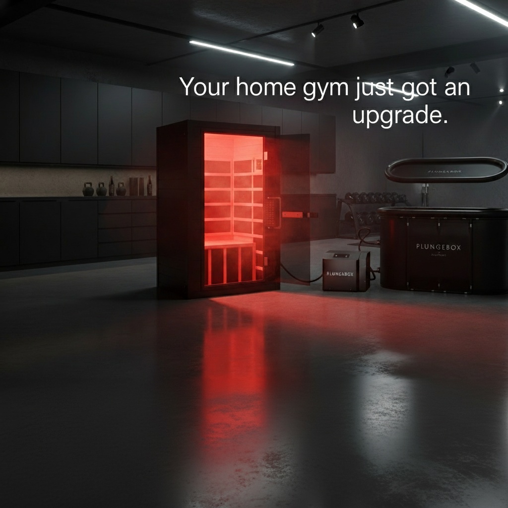 A modern home gym with a red-lit sauna and plunge box.