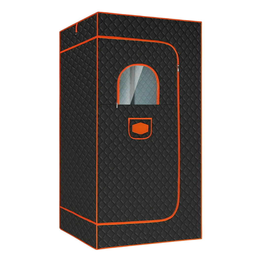 Black quilted box with orange trim and small window.