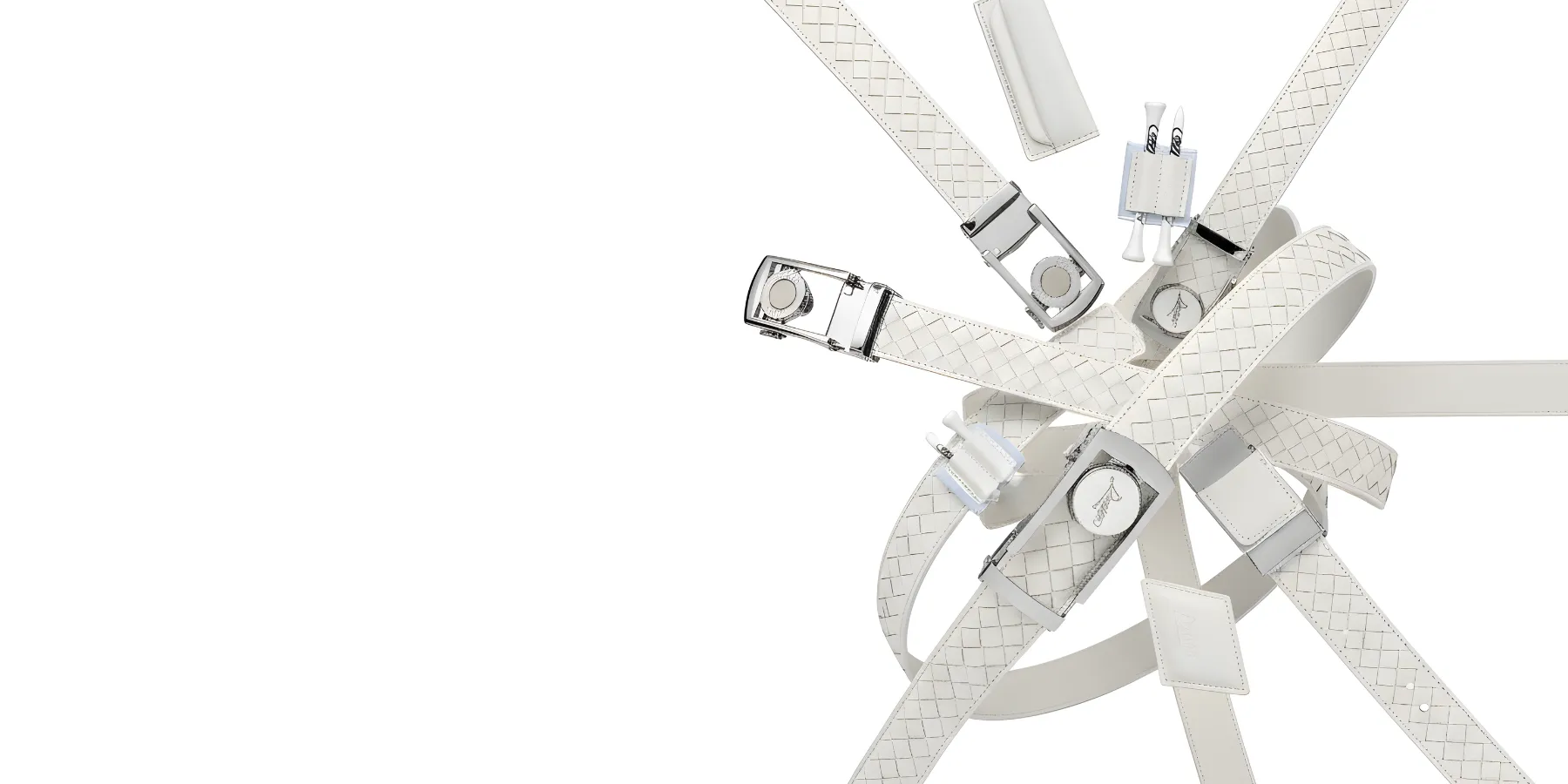 Interwoven white leather belts with metal buckles against a plain background.