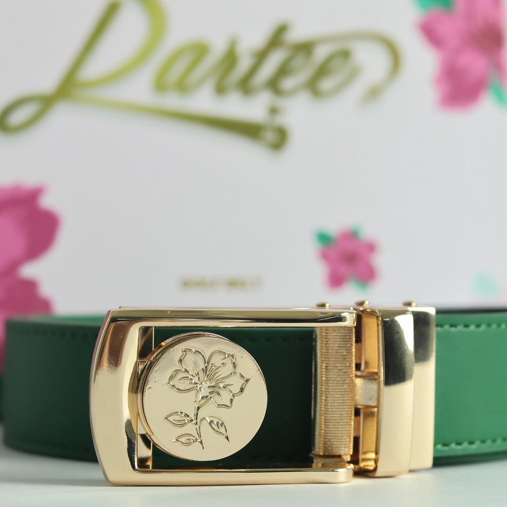 Green belt with gold floral buckle, floral background.