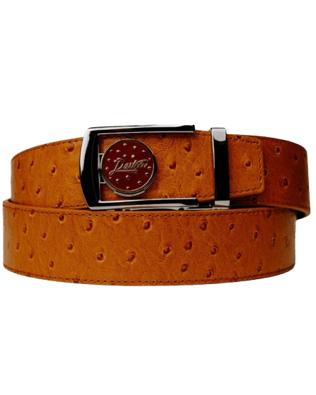 Brown leather belt with a textured pattern and a metallic buckle.