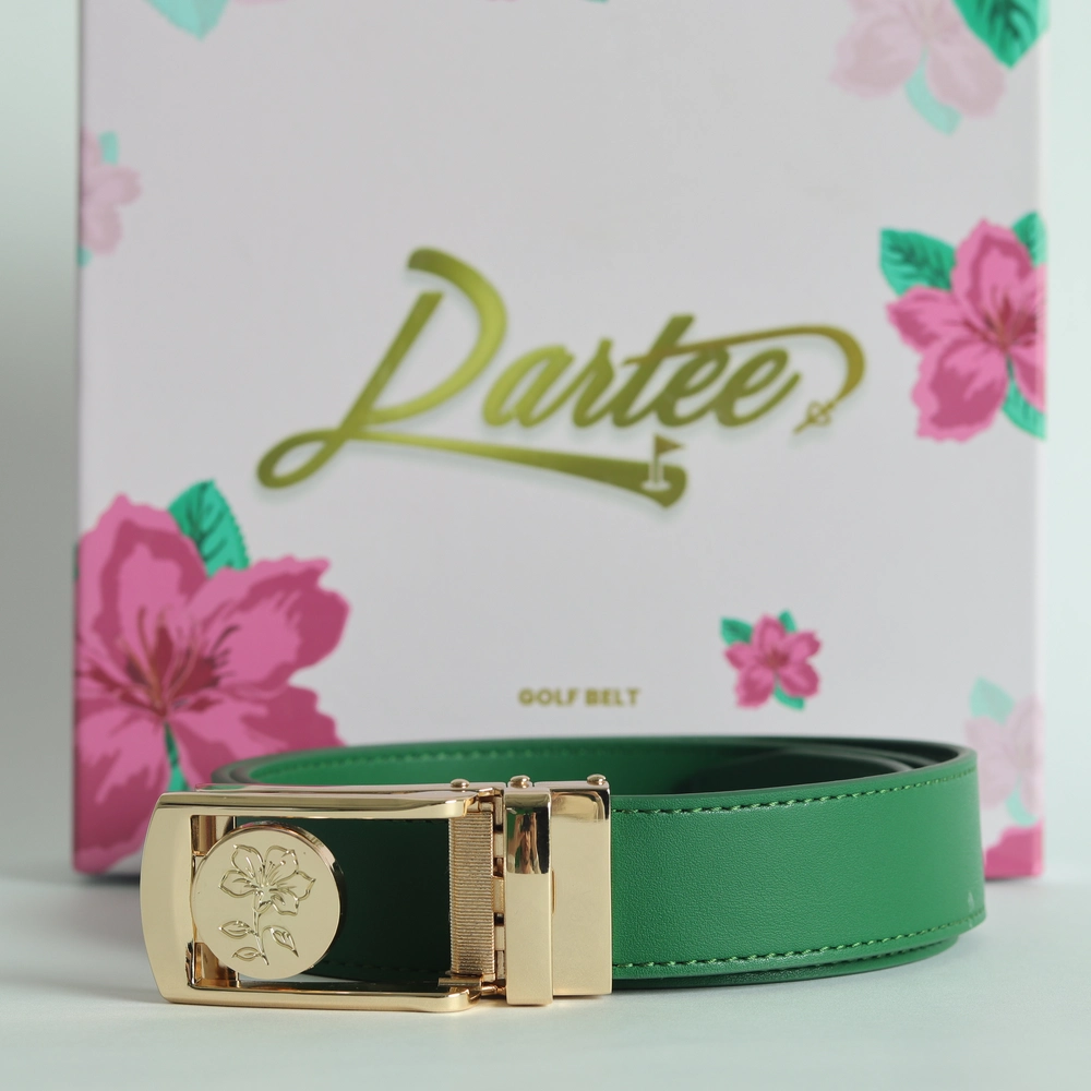 Green belt with gold buckle in front of floral box labeled 'Partee Golf Belt.'