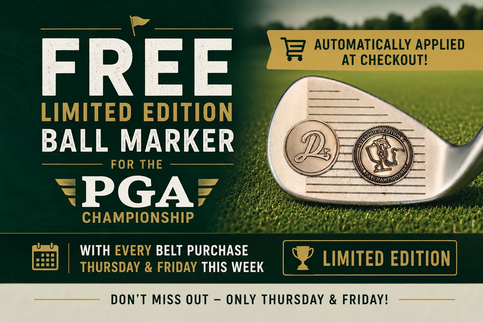An overhead view of various golf belt buckles, a leather belt with tees, and decorative ball markers.