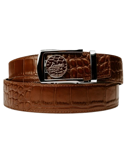 Brown leather belt with crocodile texture and metallic buckle.