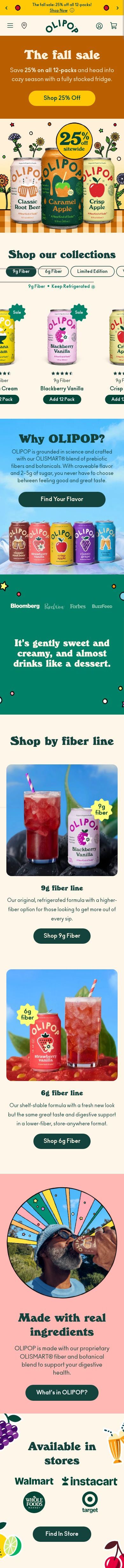 Olipop homepage, mobile