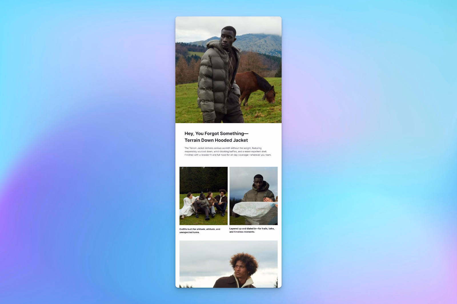 A product-focused ecommerce landing page displays models wearing down jackets in scenic outdoor settings with product details below.