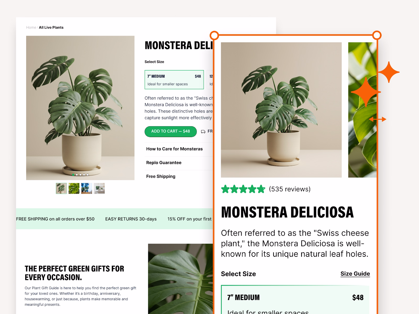 A Shopify product page features a Monstera Deliciosa plant with reviews, size options, and add-to-cart functionality for ecommerce.
