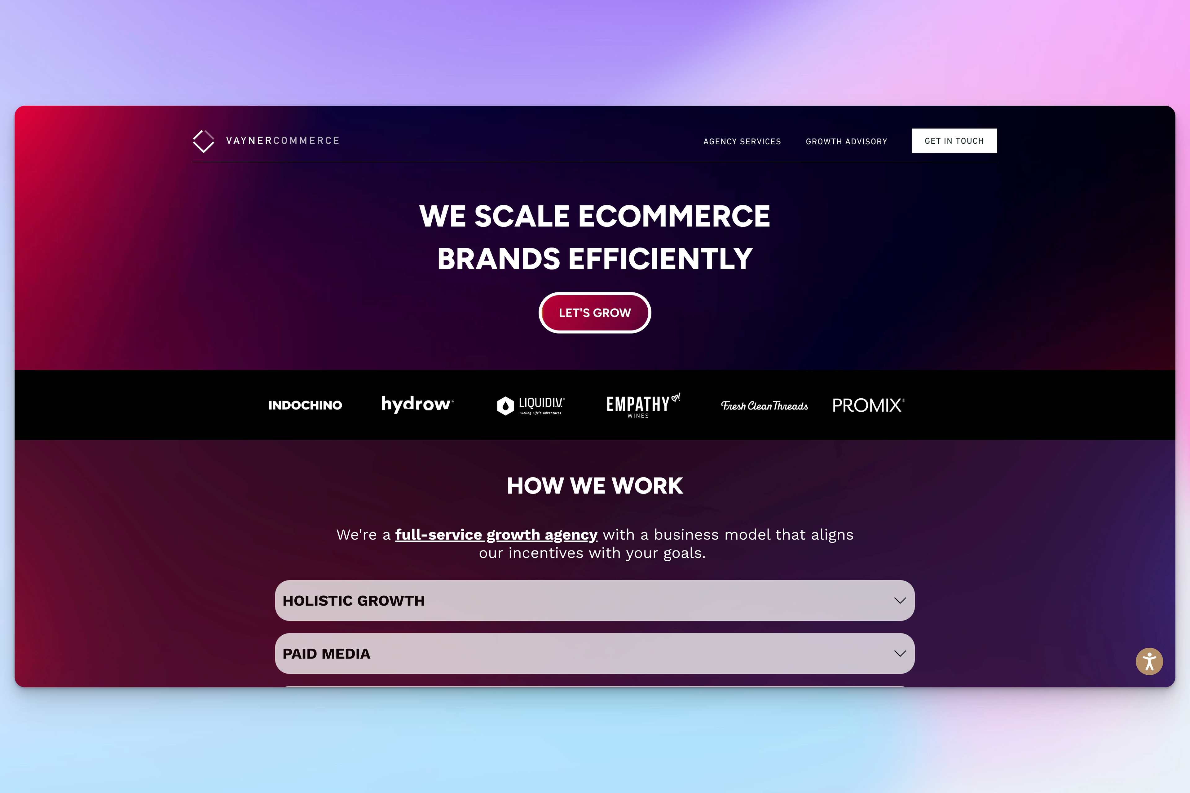 A dark-themed website banner for VaynerCommerce highlights eCommerce brand growth services with a "Let's Grow" button.