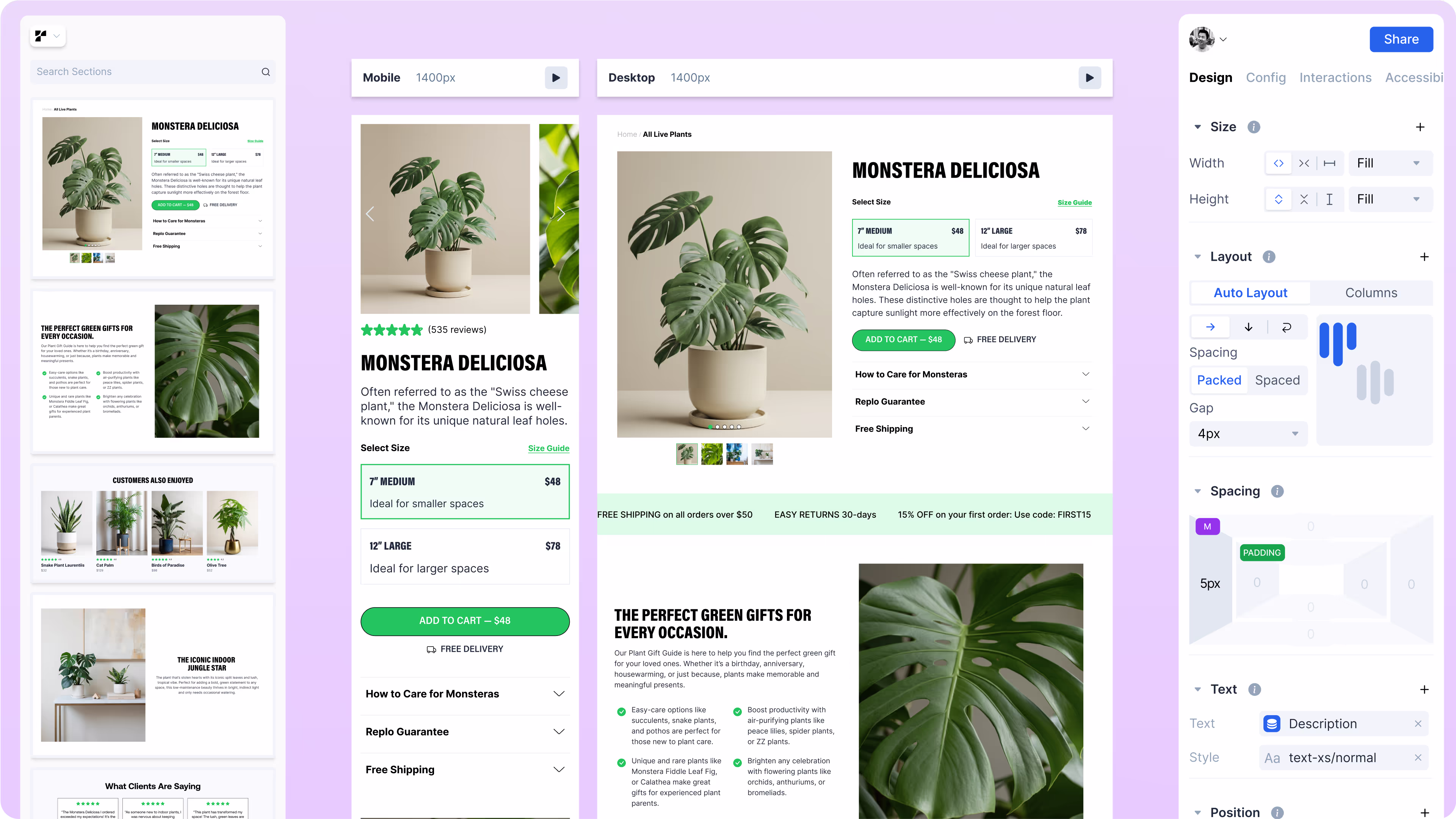 Replo’s Shopify landing page builder helps ecommerce brands design high-converting product pages with mobile and desktop previews.