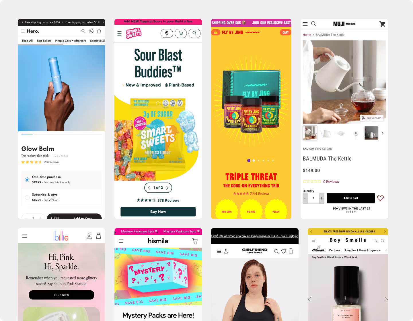 A collection of Shopify ecommerce product pages using a landing page builder, featuring compelling visuals, CTAs, and branding.