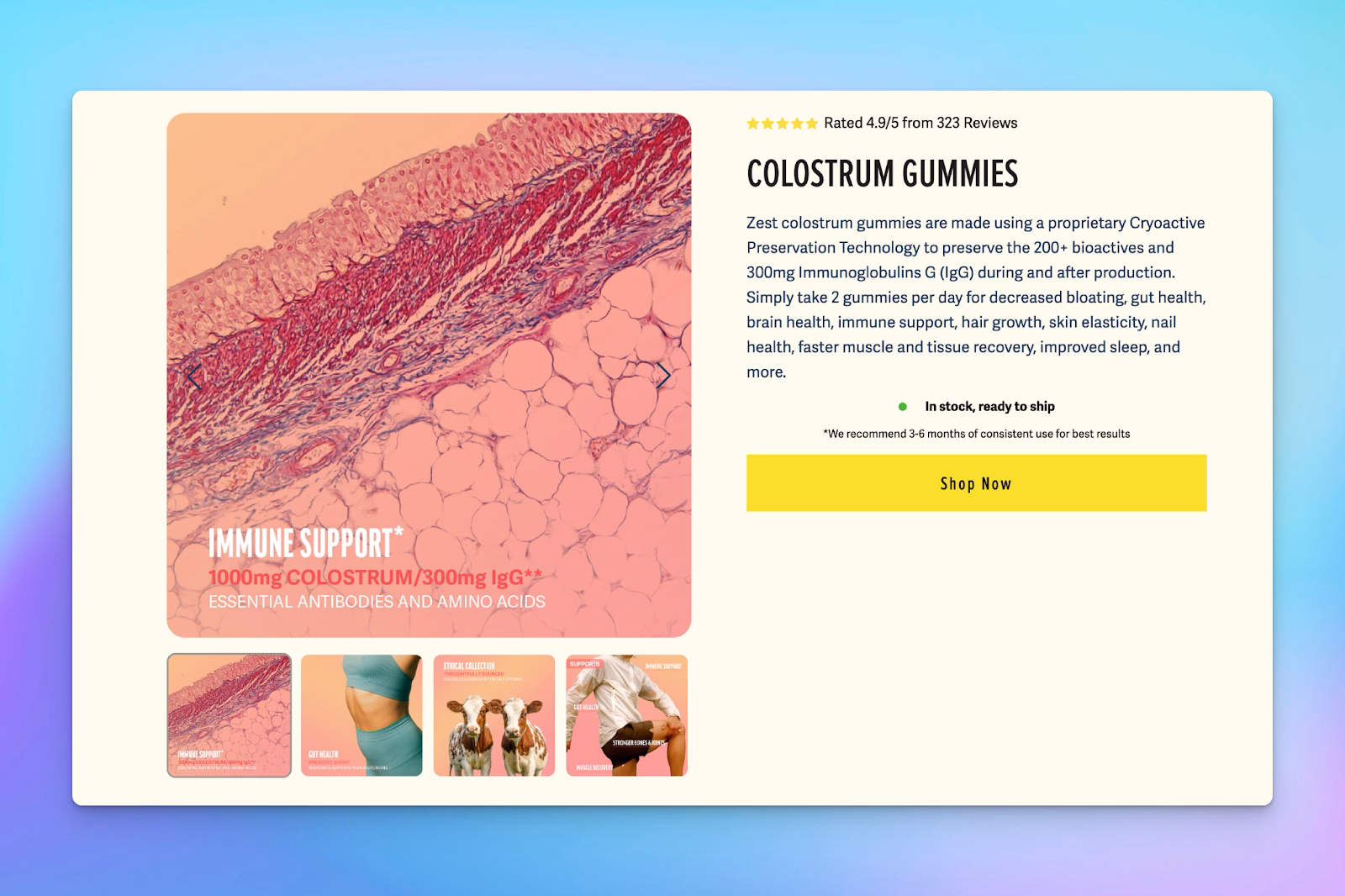 Ecommerce landing page for colostrum gummies highlights immune support, gut health, and ethical sourcing benefits.