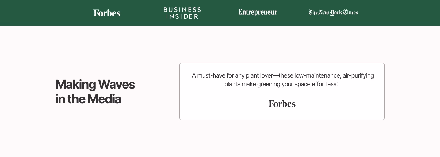Press feature landing page section with logos from Forbes, Business Insider, and quote highlighting air-purifying plants.
