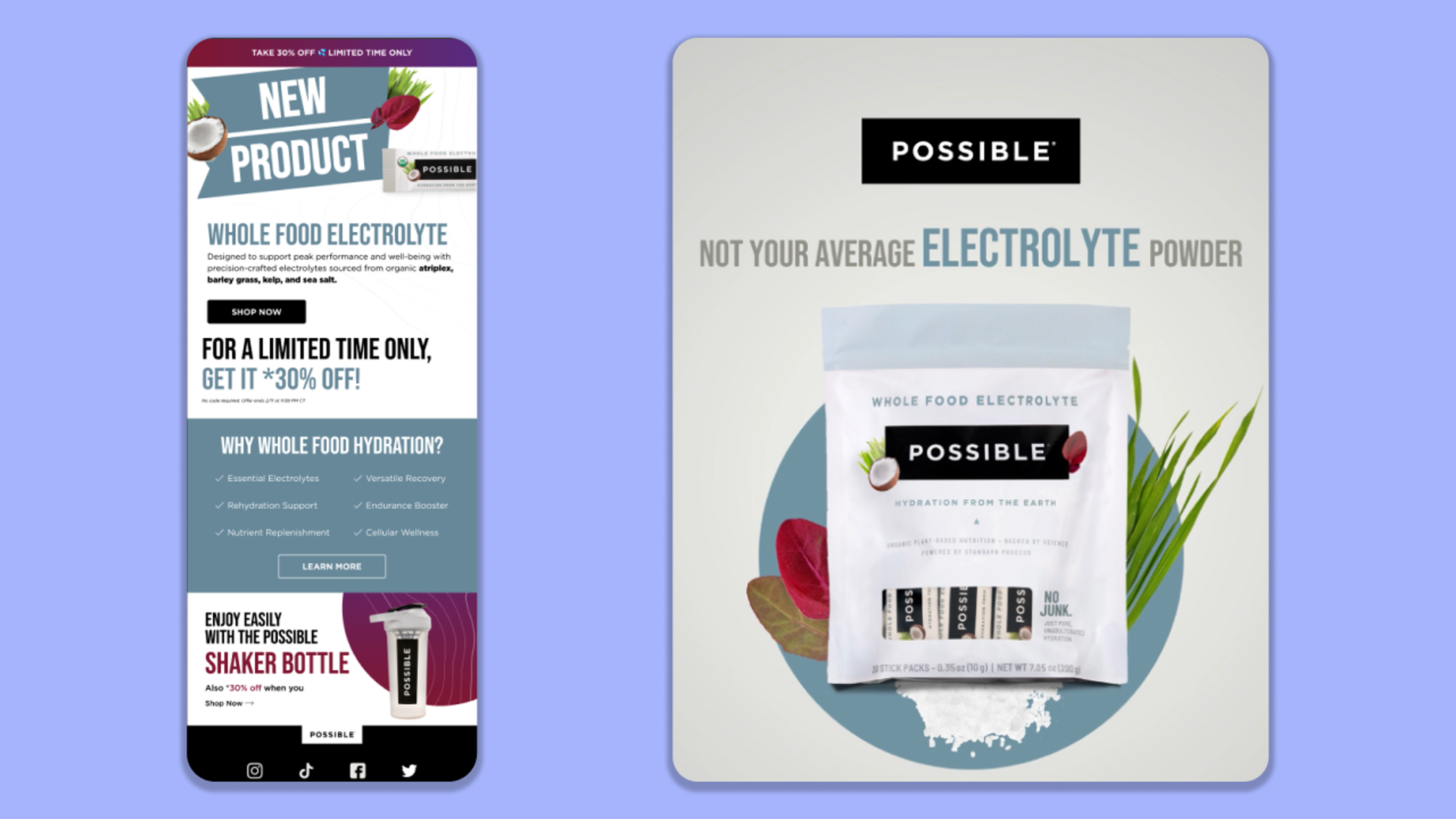 A Possible Whole Food Electrolyte ad highlights a resealable pouch with plant-based hydration benefits.