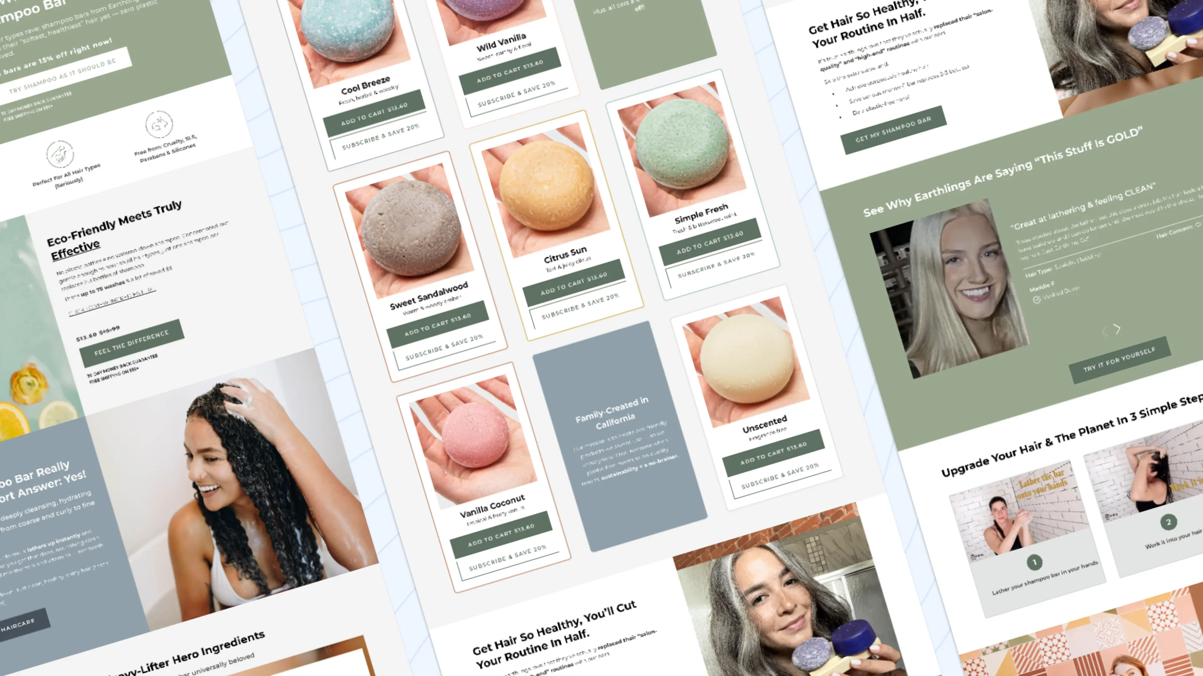 A website showcasing eco-friendly shampoo bars, product options, customer reviews, and usage instructions.