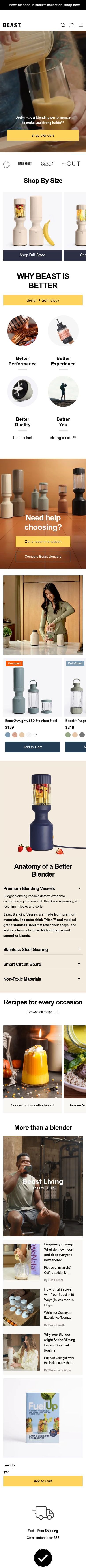 Beast Health homepage, mobile