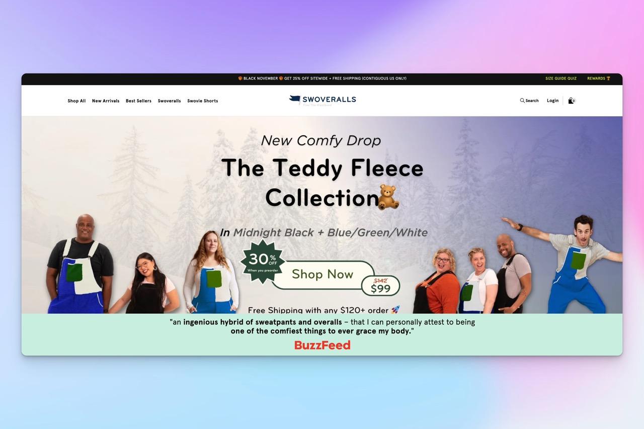 A group of diverse models wearing colorful Swovealls Teddy Fleece overalls against a winter backdrop.