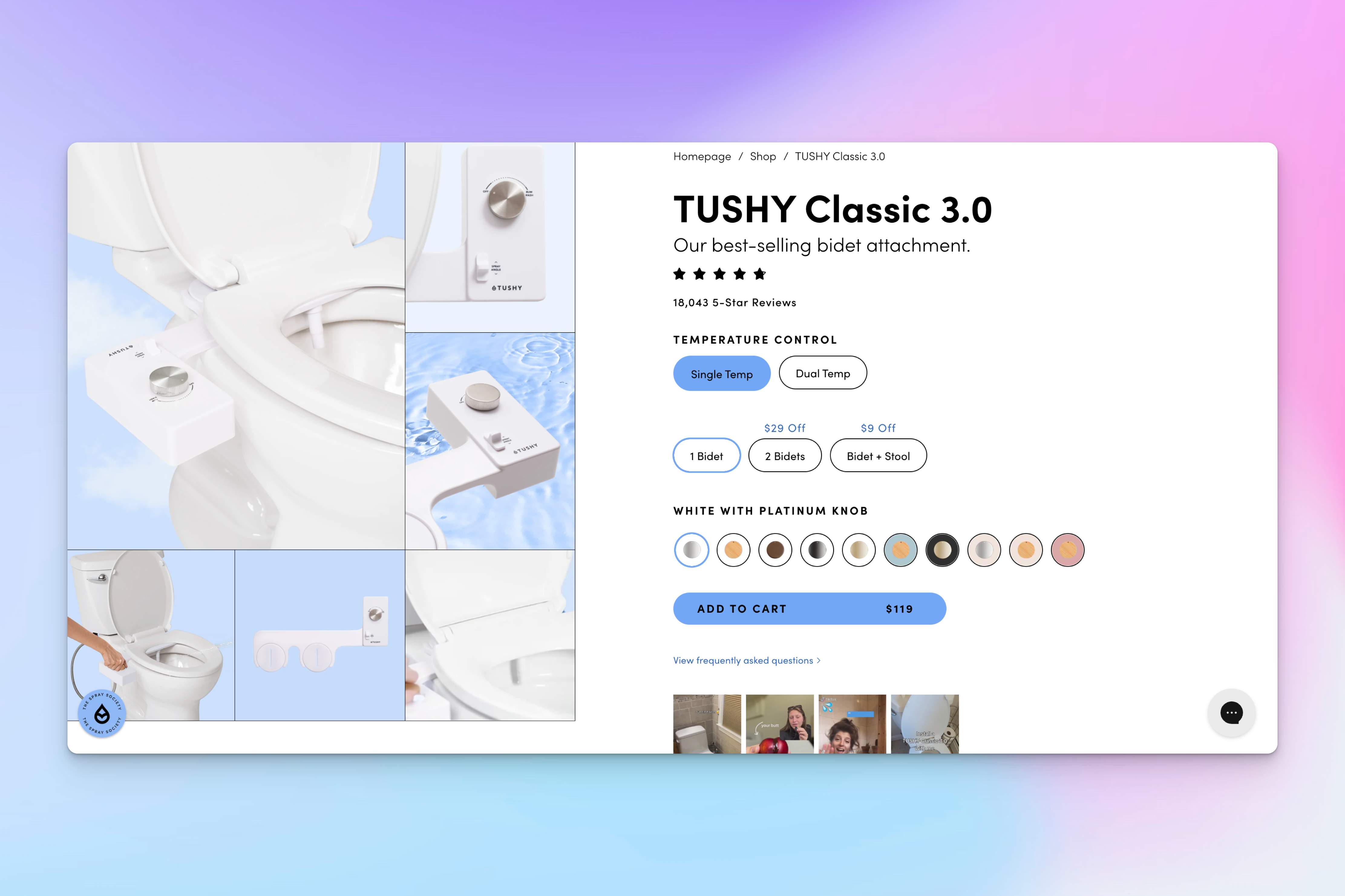 The TUSHY Classic 3.0 bidet attachment is displayed in multiple angles, highlighting its white design, metal control knob, and installation on a toilet seat.