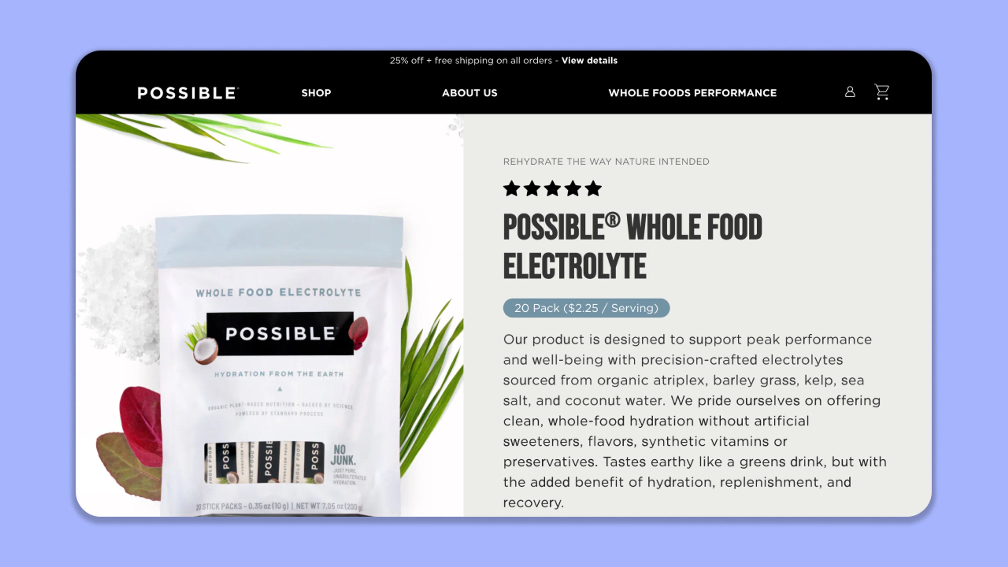 A Possible Whole Food Electrolyte product page features a resealable pouch with stick packs.