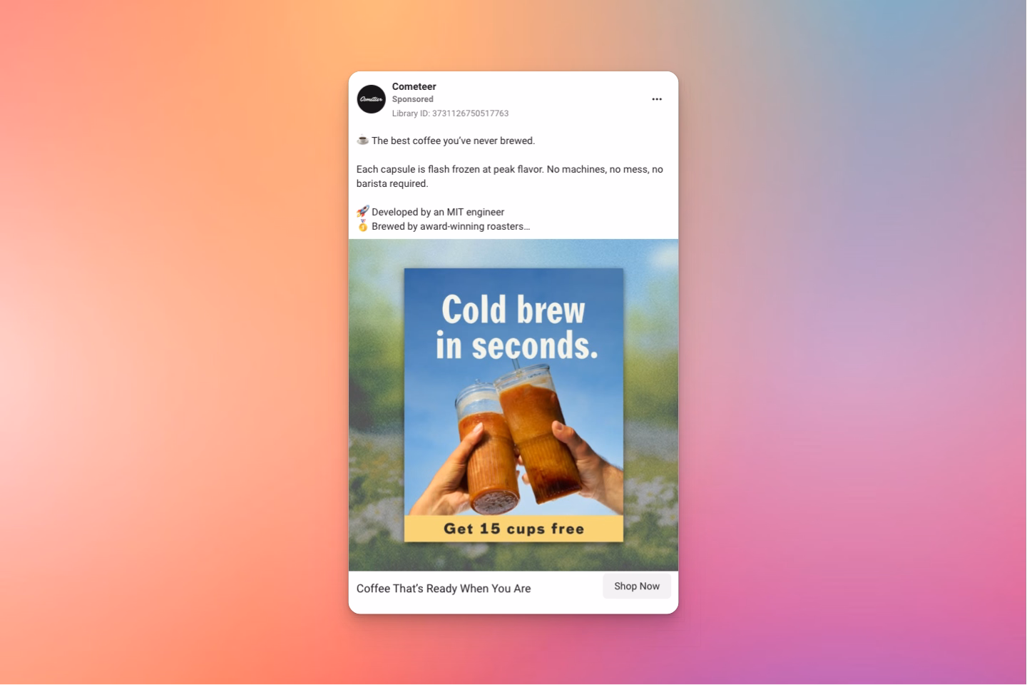 An ad for Cometeer coffee shows two hands holding cold brews with text promoting instant brewing and free samples.