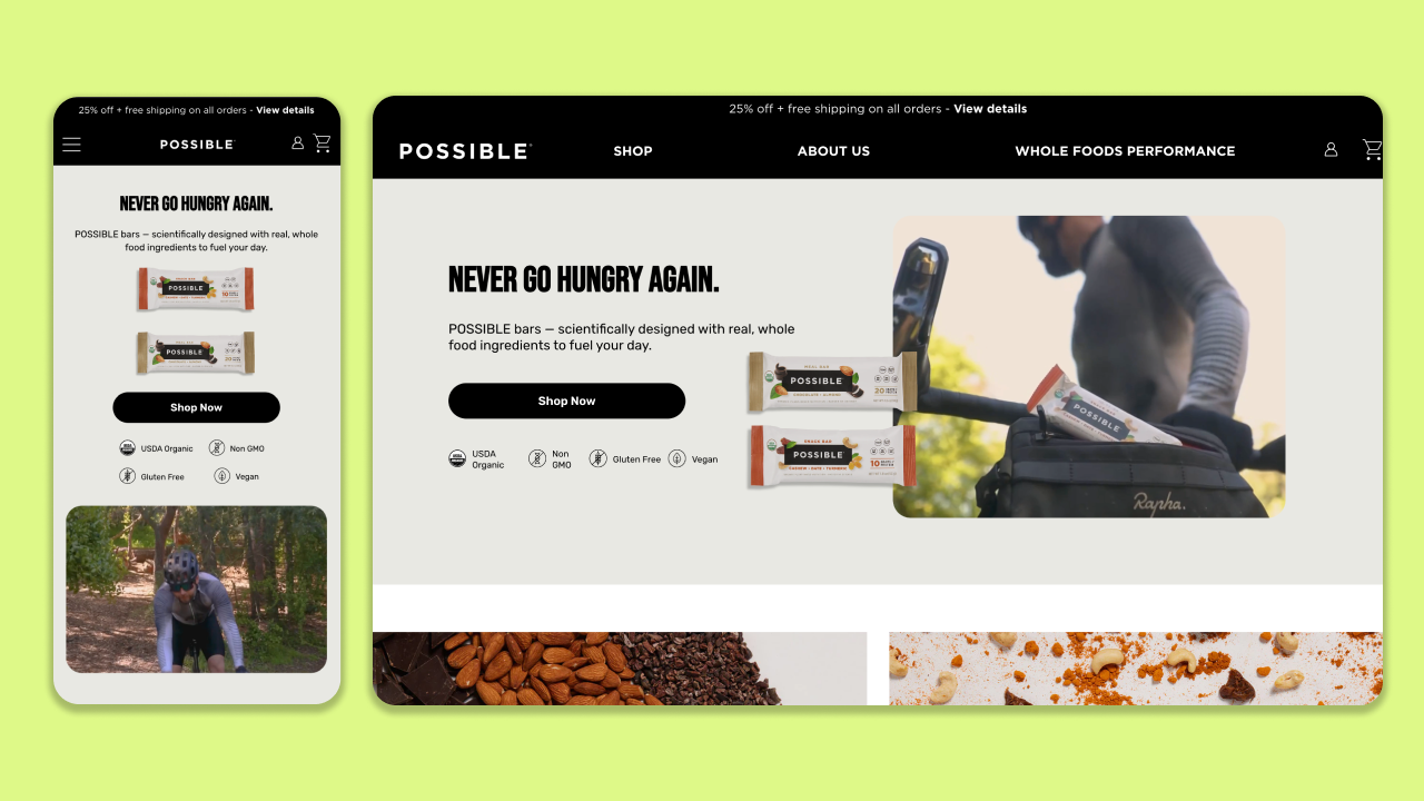 A Possible snack bar is placed in a cyclist’s bag, promoting whole-food ingredients and energy.