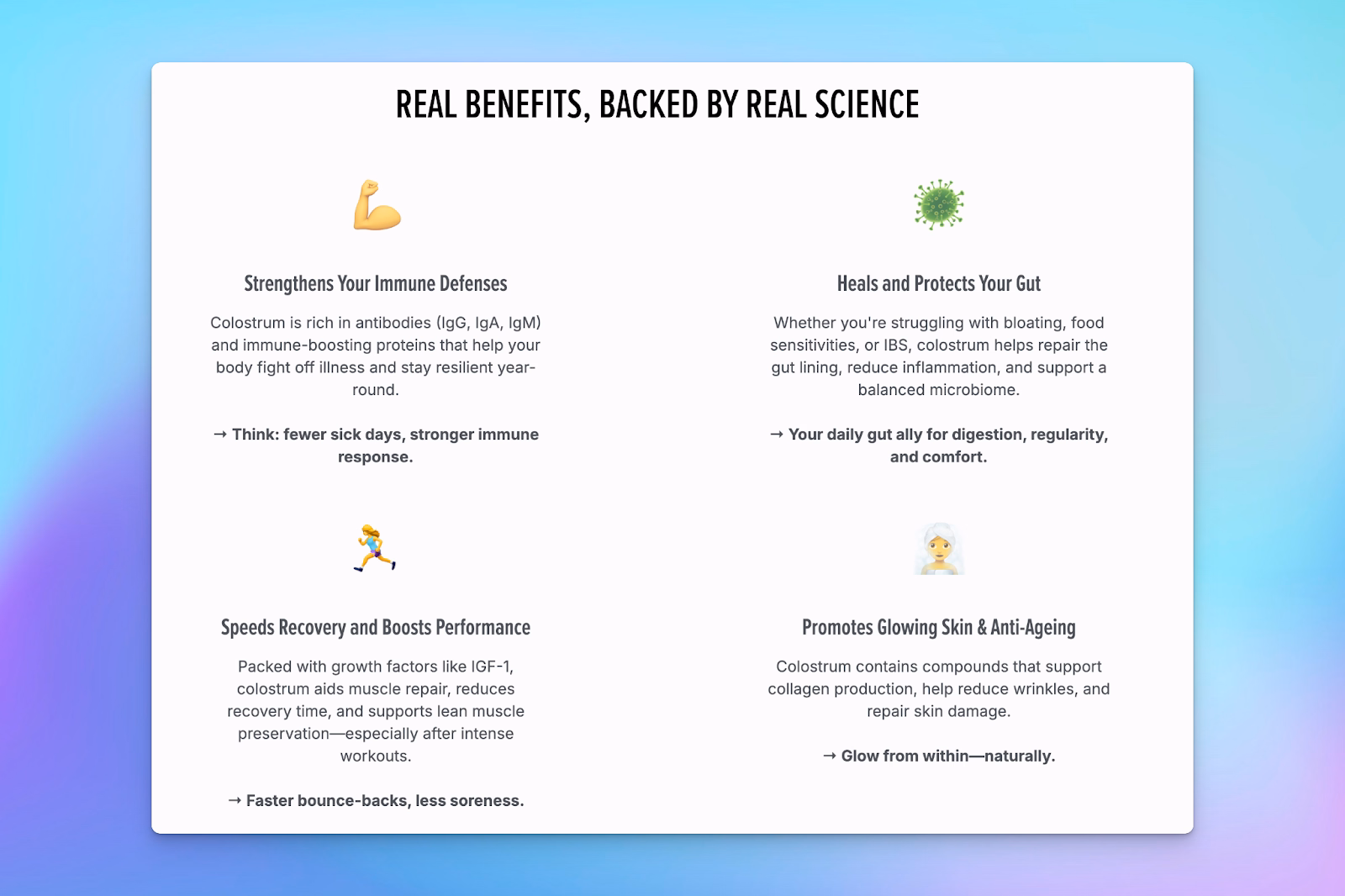 Ecommerce product page highlights four science-backed benefits of colostrum gummies, including immunity, gut, skin, and recovery.