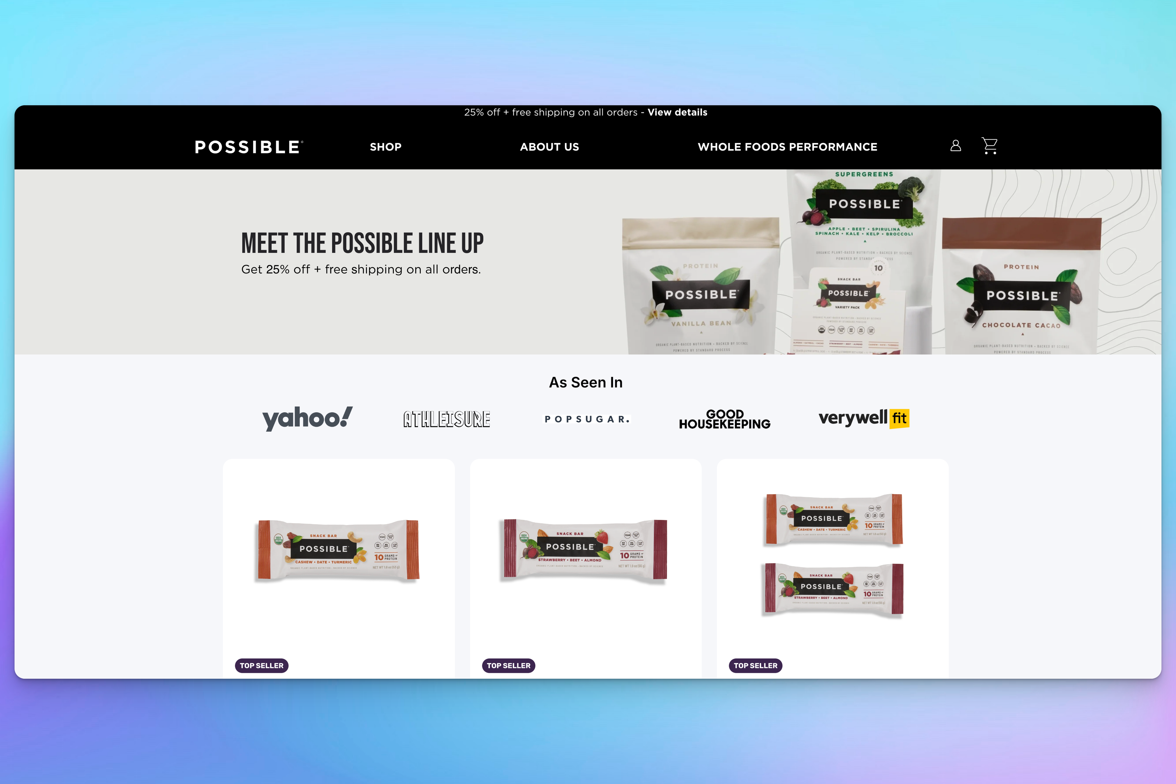 A website banner showcases Possible protein and superfood products, including bars and powders, with a 25% discount offer.