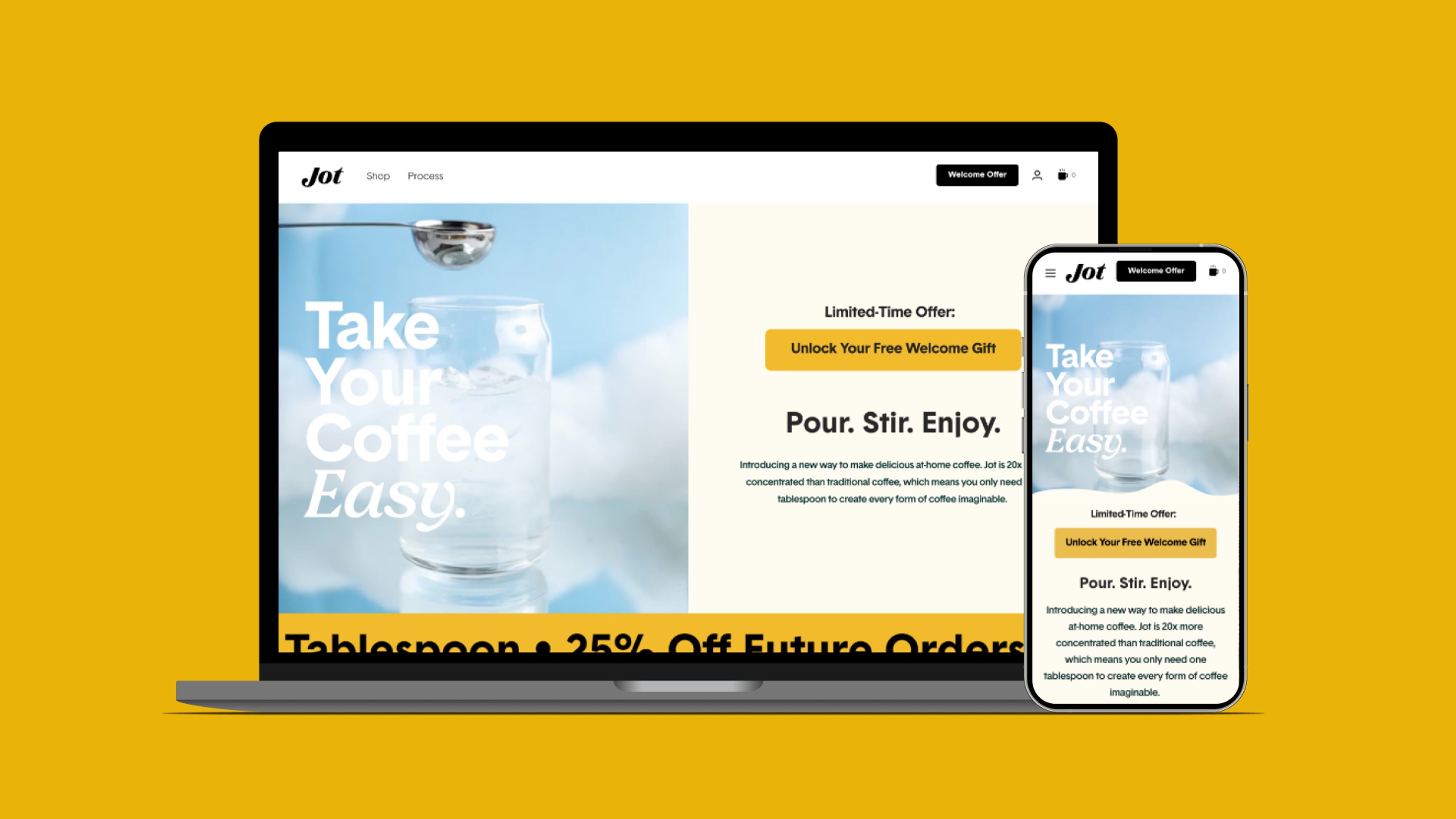 A responsive website for Jot coffee displayed on a laptop and smartphone, promoting an easy coffee-making experience.
