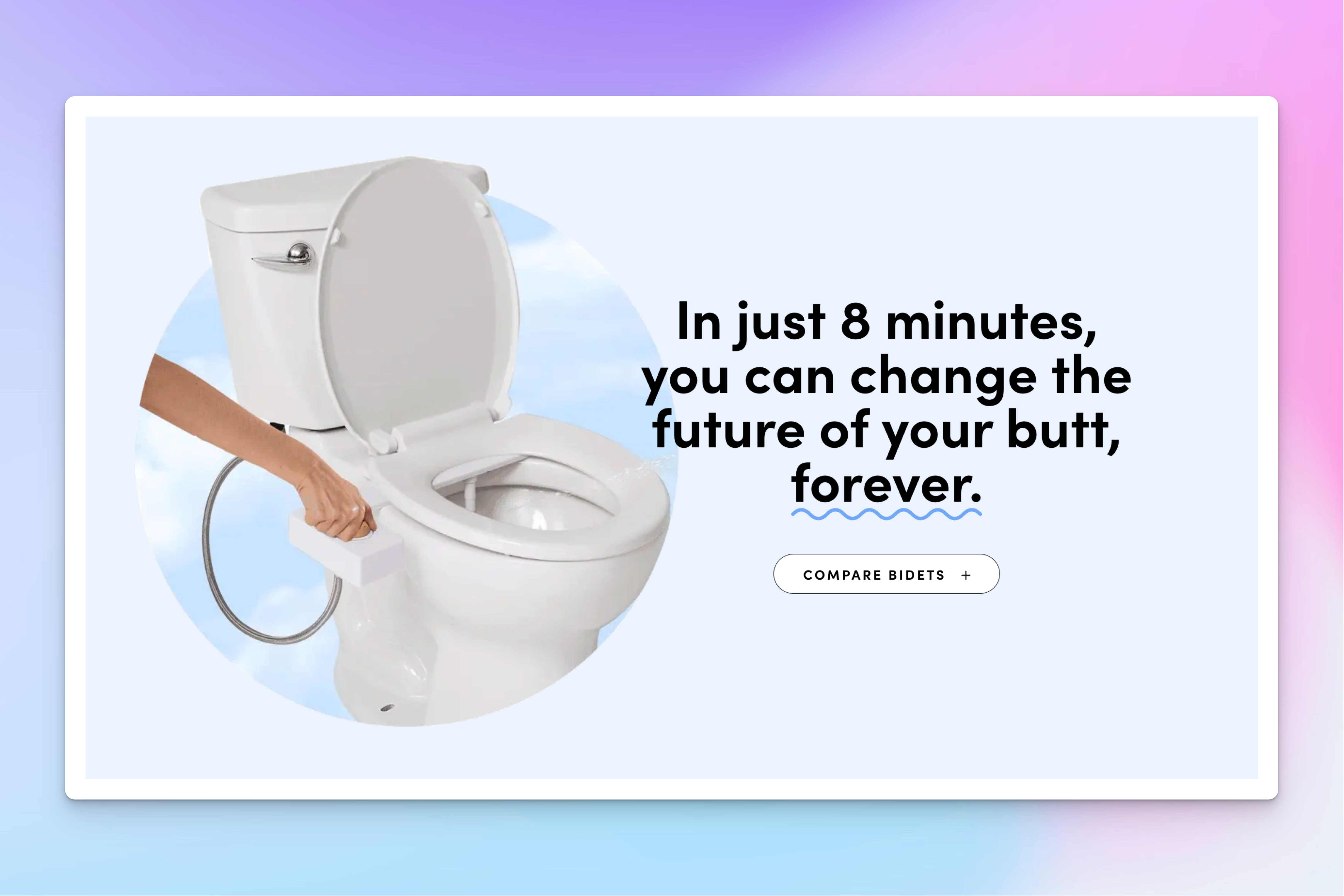 A white toilet with an attached bidet is shown, with a hand adjusting the control knob.