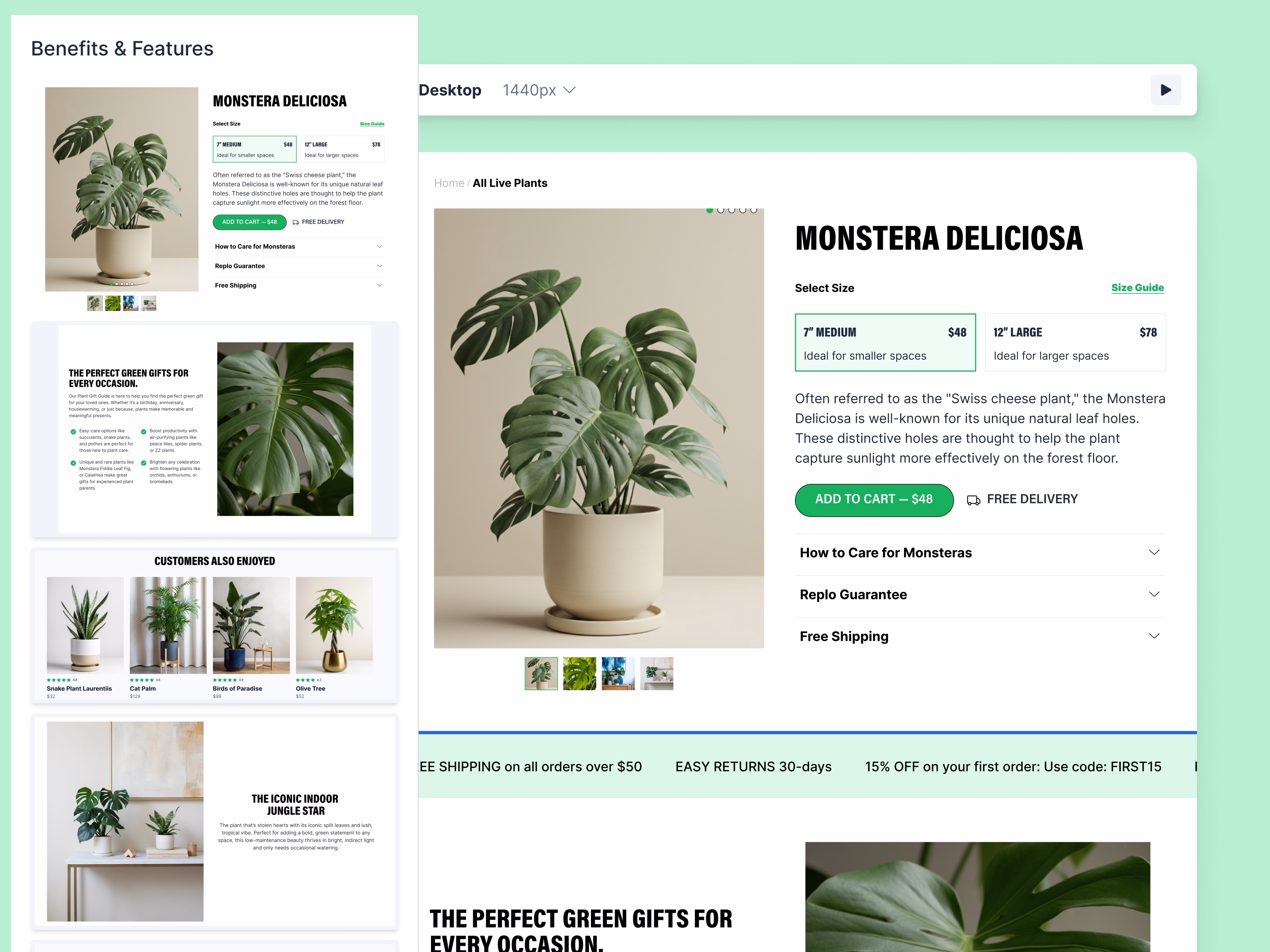 Ecommerce product page for a Monstera Deliciosa plant featuring size options, add-to-cart button, and feature sections.