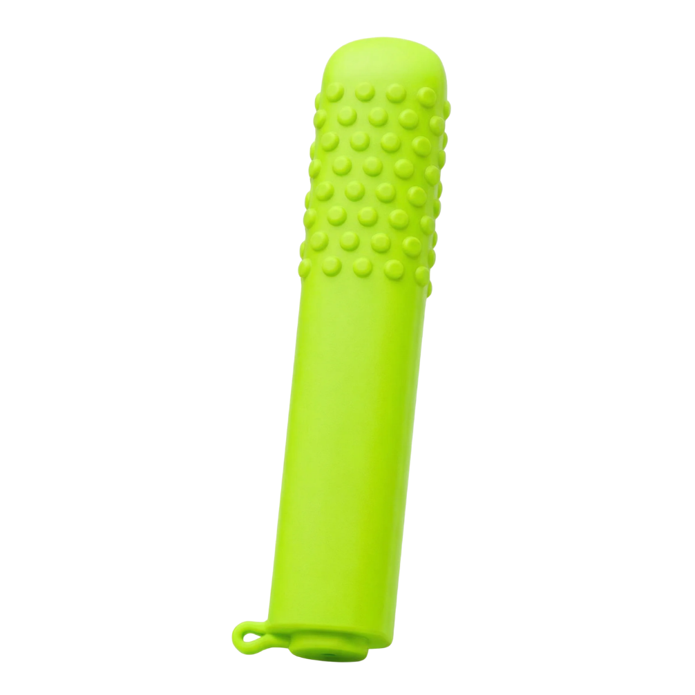 A bright green cylindrical object with a bumpy texture on one end and a loop on the other.