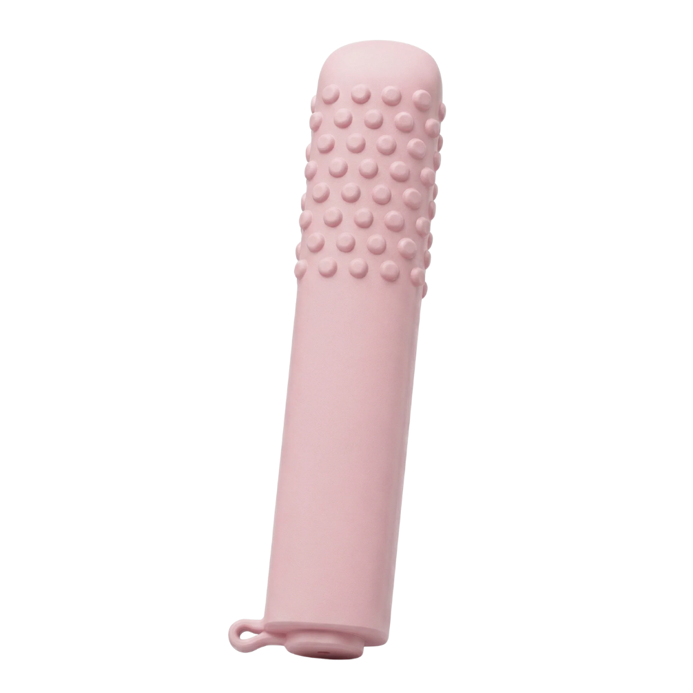 A light pink cylindrical object with a textured, bumpy surface on one end, isolated on a white background.