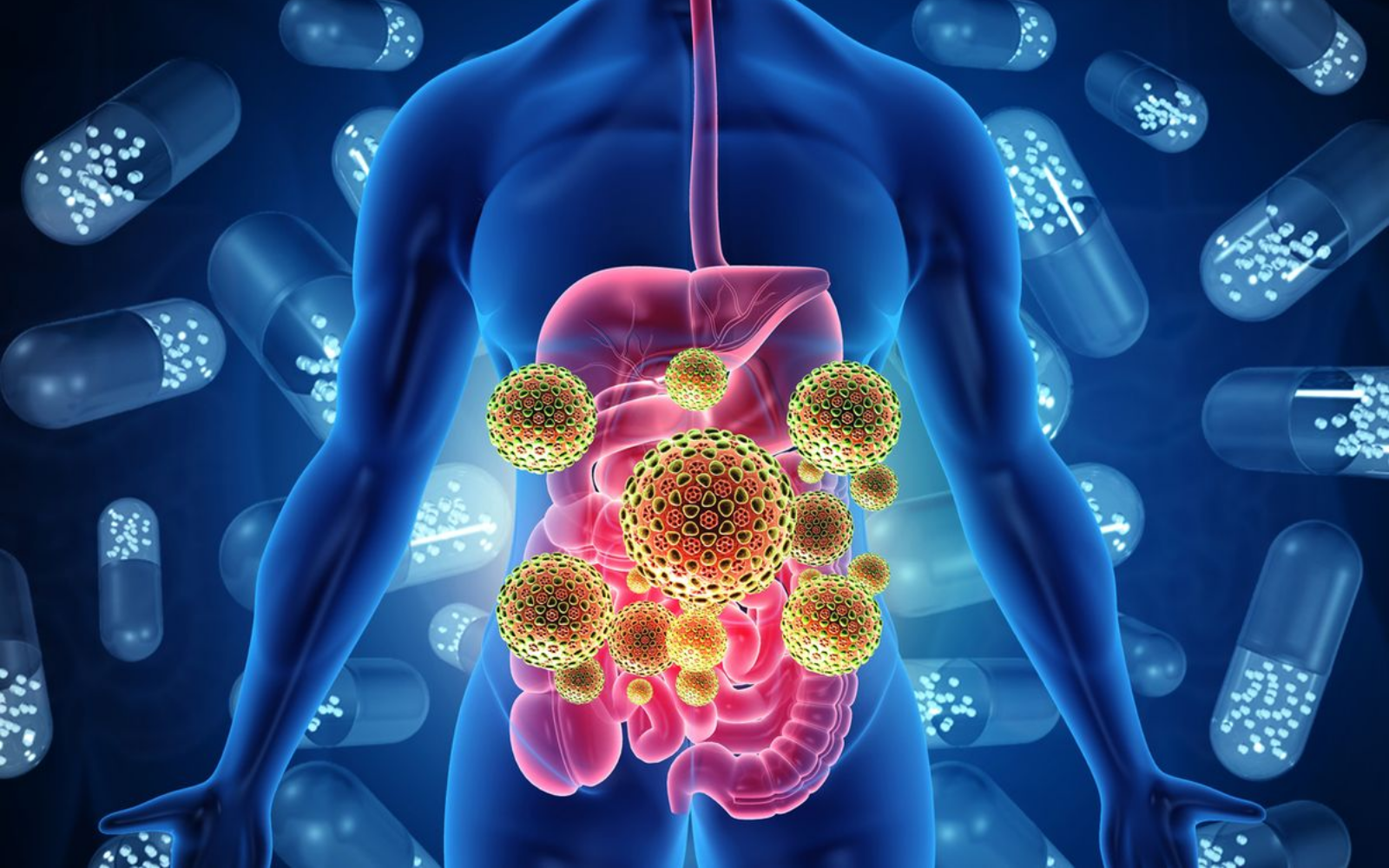 Illustration of human torso with colorful viruses and capsules.