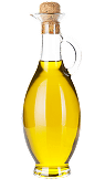 Clear glass bottle filled with yellow oil, cork stopper on top.