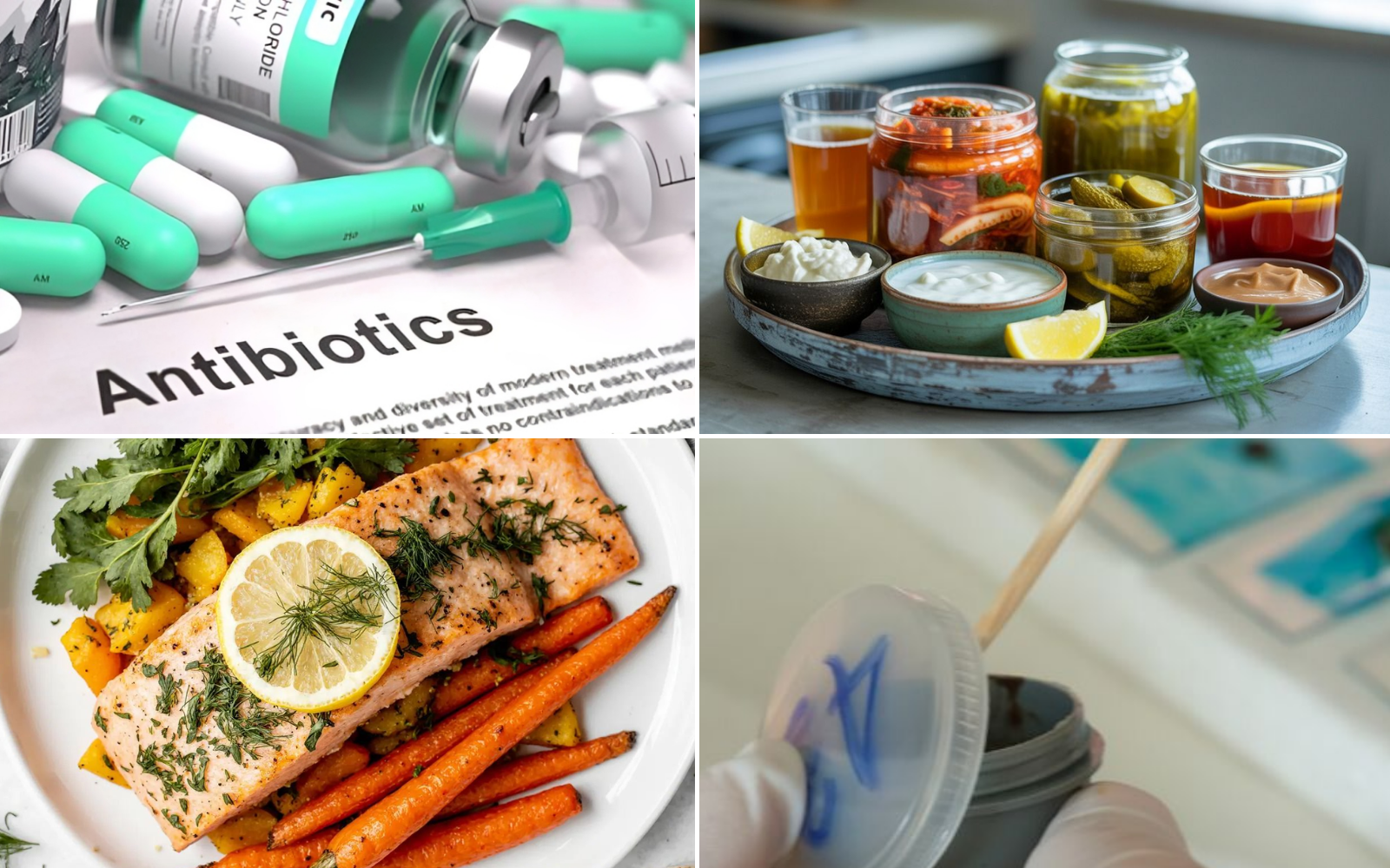 Collage of antibiotics, fermented foods, salmon dish, and a lab flask.