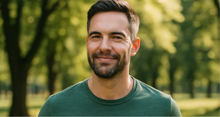 Smiling man standing outdoors with trees in the background.