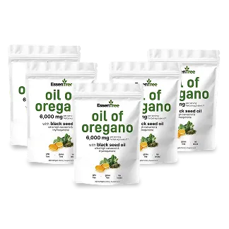 Five bags of 'Oil of Oregano' displayed with herbal illustrations.