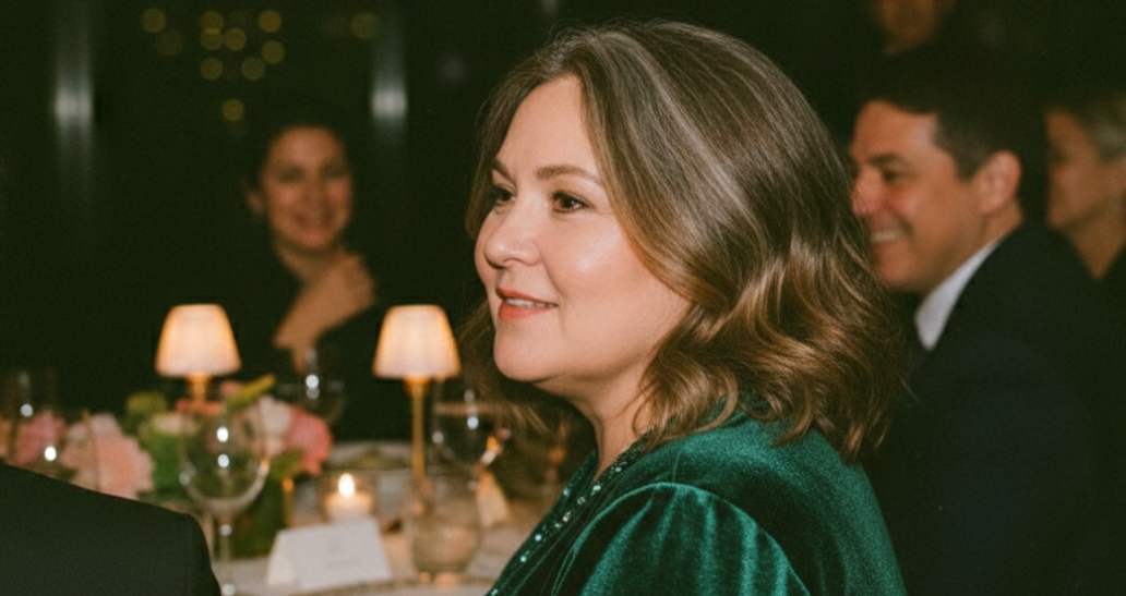 A woman in a green velvet top smiles while seated at a dimly lit dinner table.
