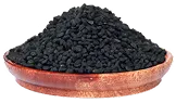 A wooden bowl filled with black seeds.