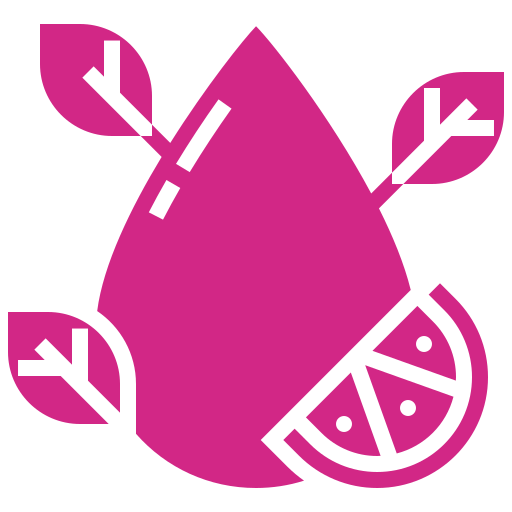 A magenta icon of a drop of liquid, surrounded by leaves and a slice of citrus fruit.