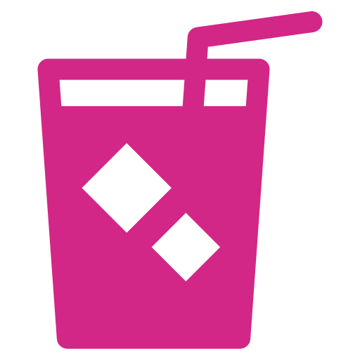 A magenta icon of a glass with ice cubes and a drinking straw.