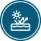 Icon of sun and arrows reflecting off a surface, in a blue circle.
