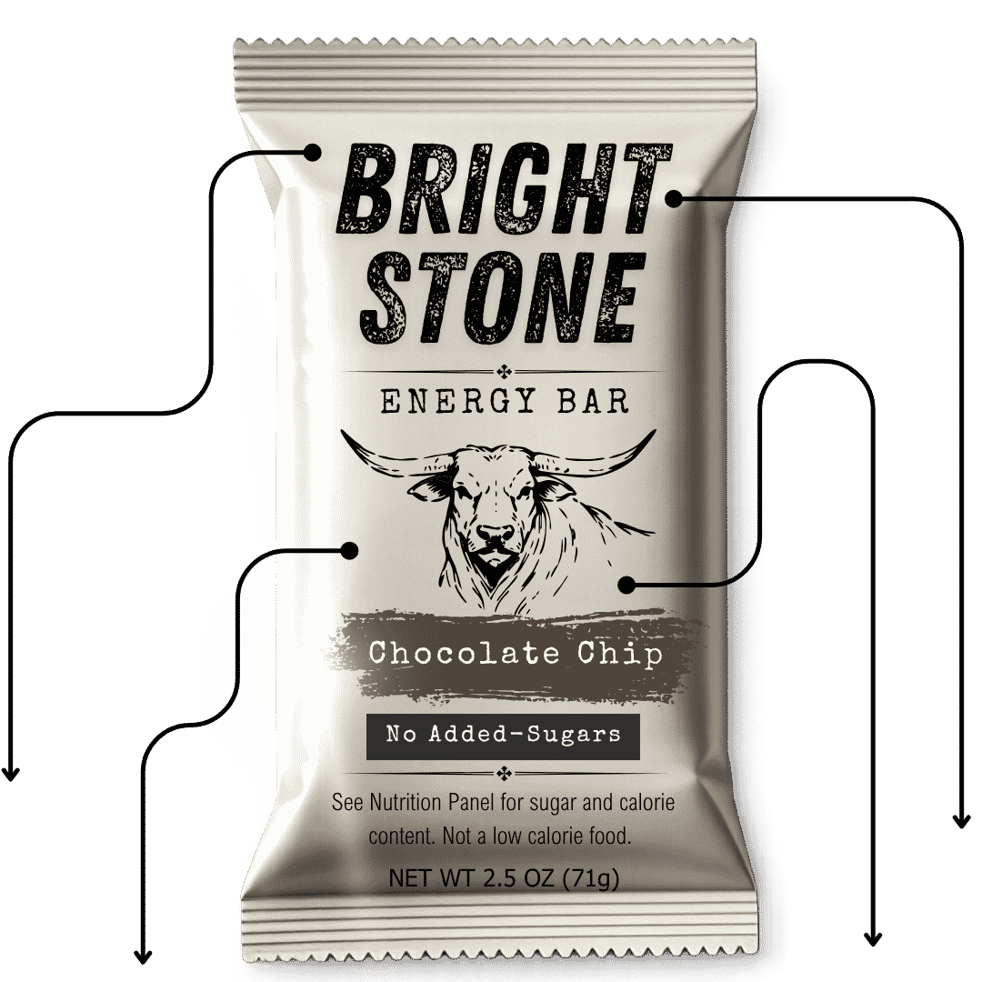 A diagram of a Bright Stone energy bar, with callout lines pointing to features on the package.