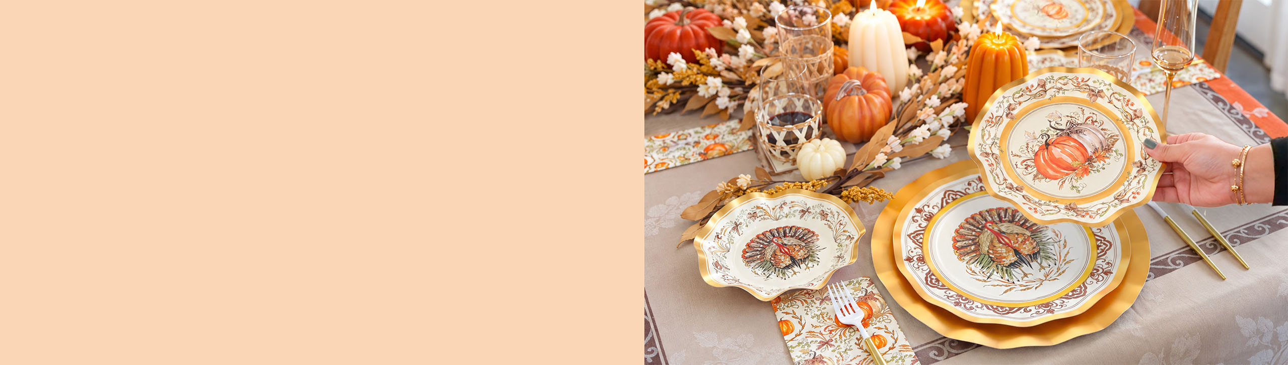 A person sets a Thanksgiving-themed table with decorative plates featuring turkeys and pumpkins, surrounded by autumn decor.