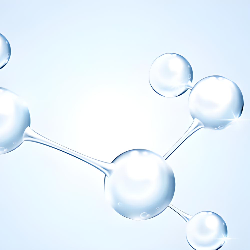Transparent spheres connected by thin rods on a light blue background.
