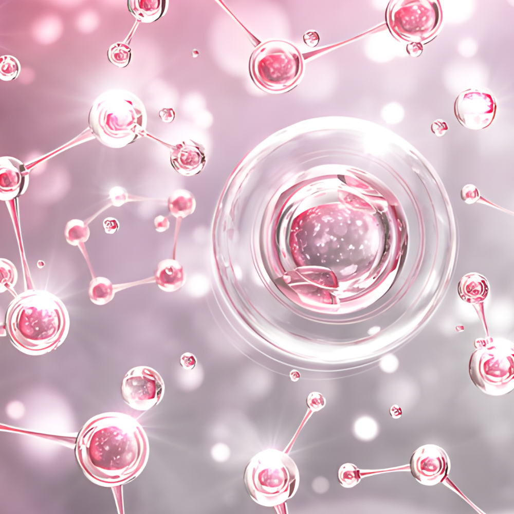 Abstract pink and white molecular structure with spheres and lines.