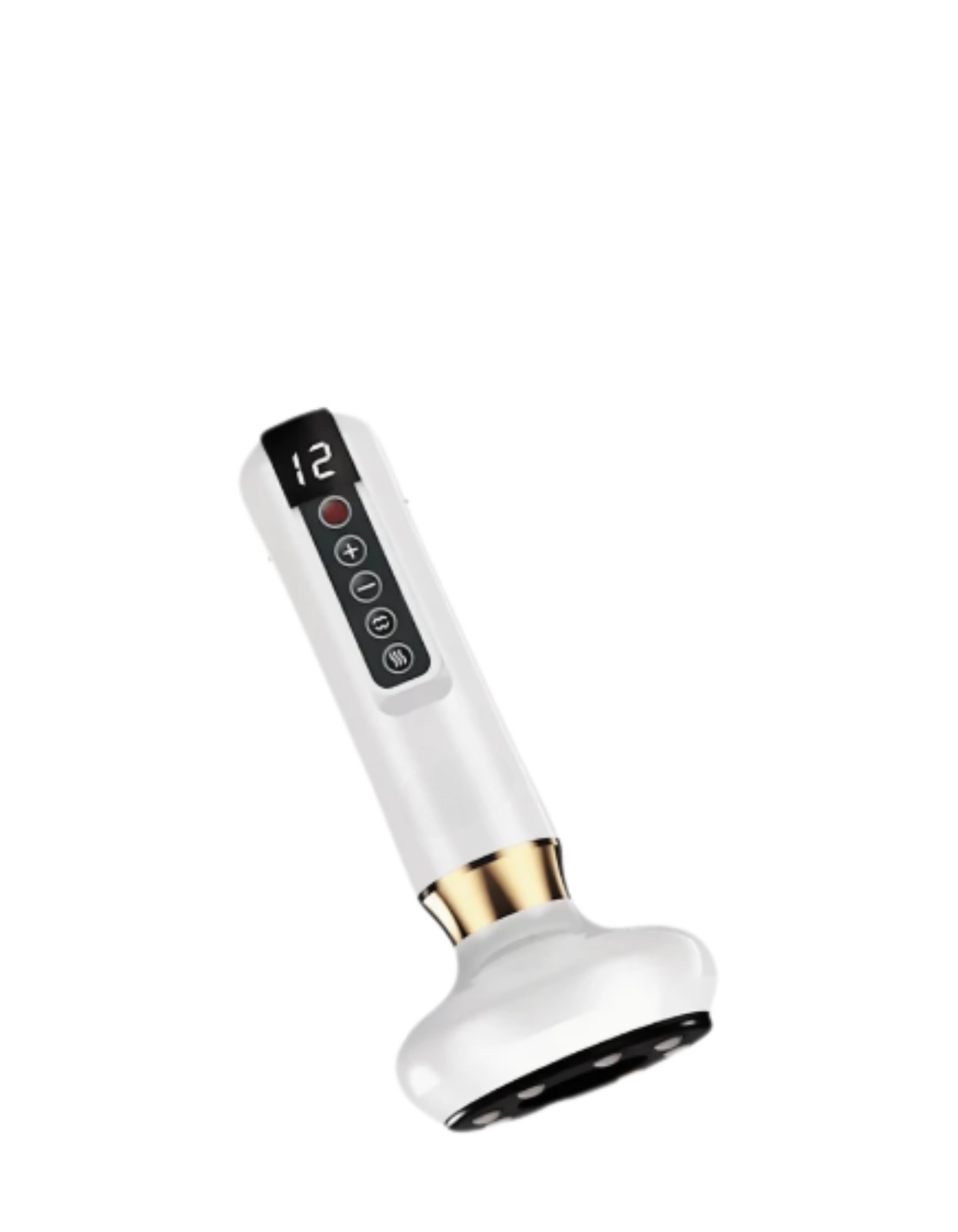 White handheld device with digital display and buttons.