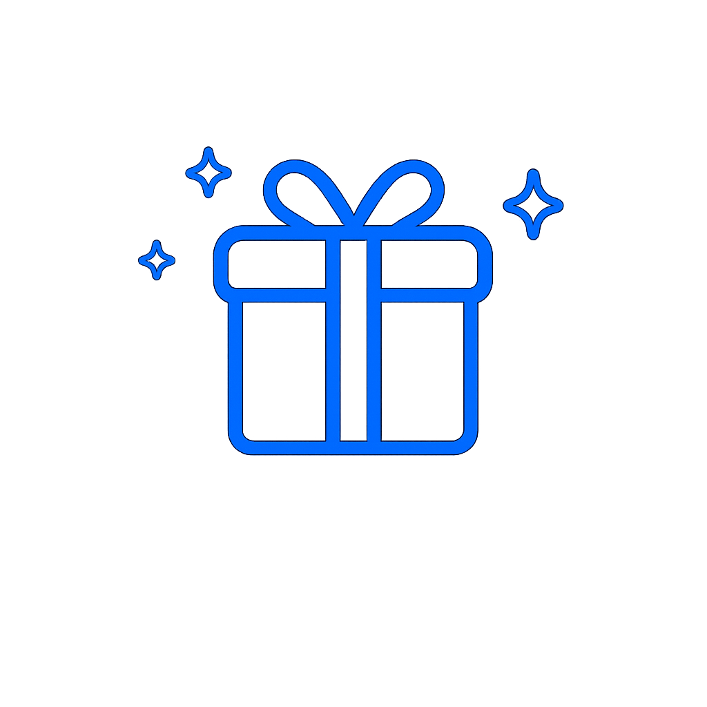 Neon blue glowing gift box with stars on a dark background.
